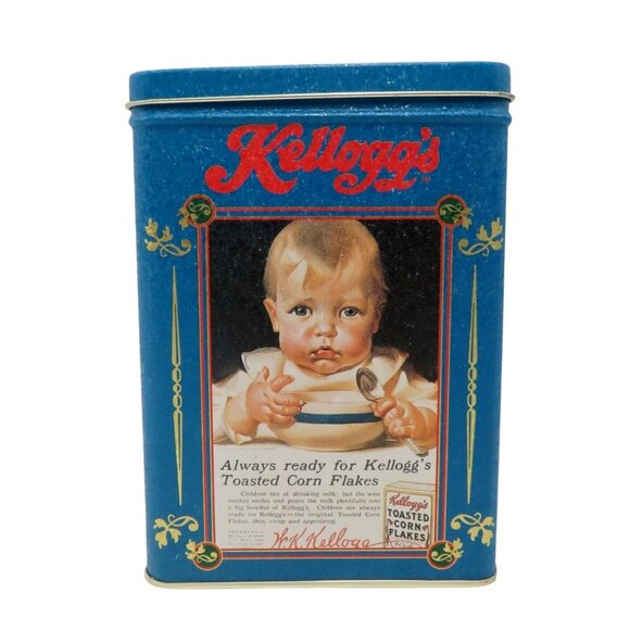 Kelloggs Vintage Corn Flakes Tin Box 1997 Blue And Red With Baby Images - Picture 1 of 10